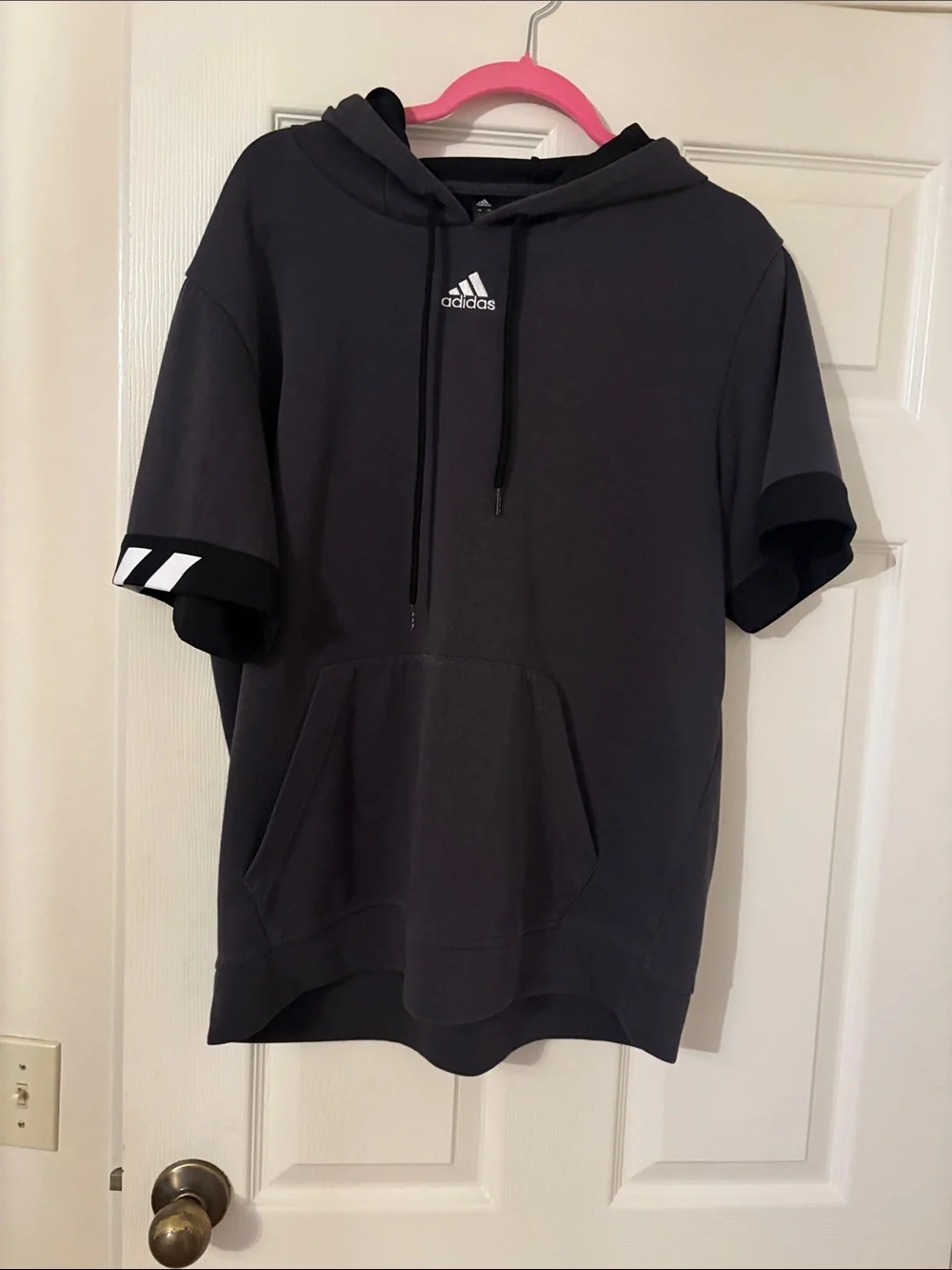 adidas Charcoal short Sleeve Pullover Hoodie with White Logo
